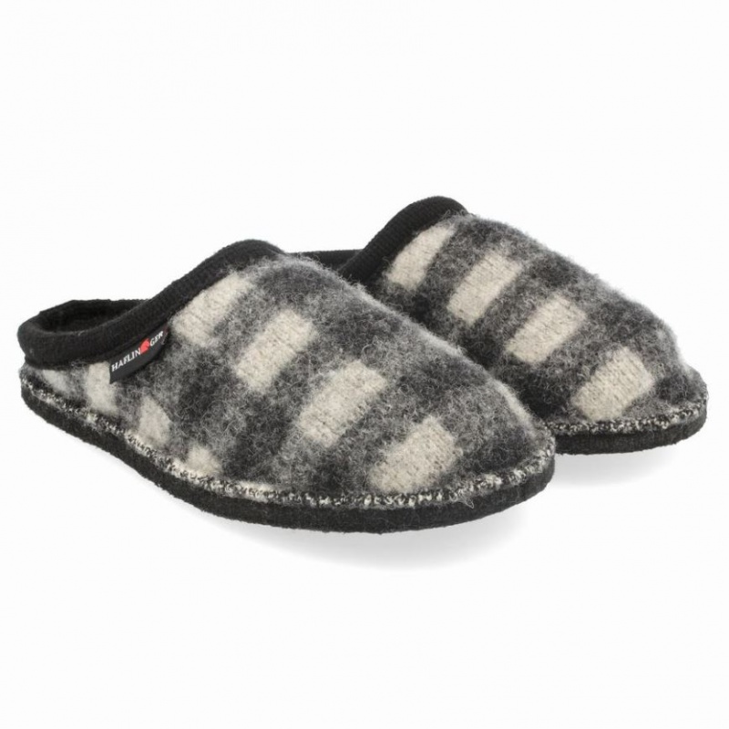 Kapcie Haflinger PLAID Damskie Czarne Białe | FEMBVGC-70